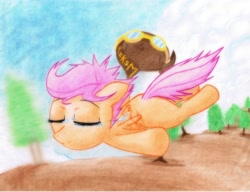 Size: 2400x1843 | Tagged: safe, artist:kzksm, derpibooru import, scootaloo, crying, eyes closed, falling, floppy ears, fluttering, flying, goggles, messy mane, parody, scootaloo can fly, smiling, traditional art, tree