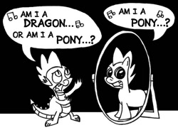 Size: 685x502 | Tagged: safe, artist:samueleallen, derpibooru import, spike, dragon, black and white, crossover, existential crisis, grayscale, identity crisis, mirror, monochrome, parody, ponified, ponified spike, the muppets