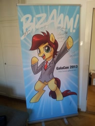 Size: 1024x1365 | Tagged: safe, artist:johnjoseco, oc, oc only, oc:canni soda, pony, 2013, auction, autograph, bipedal, bizaam, charity, clothes, convention, galacon, galacon 2013, irl, poster, suit