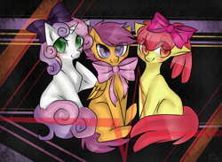 Size: 2929x2141 | Tagged: safe, artist:mscootaloo, apple bloom, scootaloo, sweetie belle, bow, cutie mark crusaders, high res