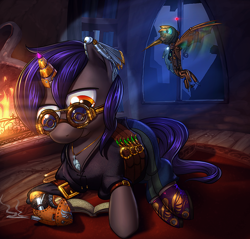 Size: 942x900 | Tagged: safe, artist:vest, derpibooru import, oc, oc only, hummingbird, pony, amputee, book, bookmark, colt, devon, fire, fireplace, male, night, prosthetics, reading, stallion, starstruck, steampunk