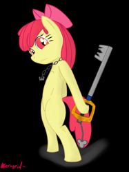 Size: 680x907 | Tagged: safe, artist:microgrid, derpibooru import, apple bloom, bipedal, keyblade, kingdom hearts, kingdom key