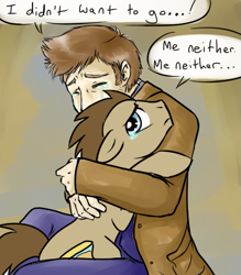 Size: 459x525 | Tagged: safe, artist:jitterbugjive, derpibooru import, doctor whooves, human, pony, crossover, crying, david tennant, doctor who, duo, hug, human ponidox, i don't want to go, sad, tenth doctor, timelord ponidox