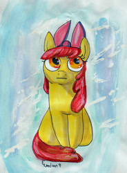 Size: 1862x2532 | Tagged: safe, artist:asterdog, apple bloom, earth pony, pony, apple bloom's bow, female, red mane, solo, traditional art, yellow coat