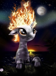 Size: 1920x2634 | Tagged: safe, artist:hereticofdune, oc, oc only, unicorn, fire, flower, grass, mane of fire, moon, saturn, solo, starry night, stars, water