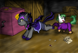 Size: 1024x704 | Tagged: safe, artist:mik3thestrange, bat pony, earth pony, pony, armor, bucking, clothes, male, night guard, stallion, the joker, warehouse