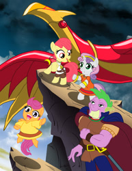 Size: 618x800 | Tagged: safe, artist:arnie00, derpibooru import, apple bloom, philomena, scootaloo, spike, sweetie belle, dragon, beefspike, crossover, cutie mark crusaders, mysterious cities of gold, older