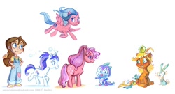 Size: 1100x596 | Tagged: safe, artist:potatofarmgirl, derpibooru import, applejack (g1), cotton candy (g1), firefly, glory, habbit, megan williams, spike (g1), human, g1, alternate hairstyle, apple, concept art, g1 to g4, generation leap, simple background