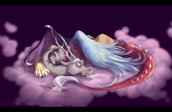 Size: 1000x653 | Tagged: safe, artist:yurikoschneide, derpibooru import, discord, draconequus, horn, male, sleeping, solo