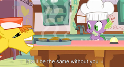 Size: 681x371 | Tagged: safe, edit, edited screencap, screencap, carrot cake, spike, dragon, pony, caption, food, male, youtube caption