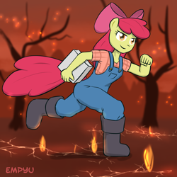 Size: 1000x1000 | Tagged: safe, artist:empyu, apple bloom, anthro, fire swamp, fireproof boots, overalls, pie, solo