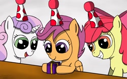 Size: 1600x1000 | Tagged: safe, artist:bosontar, apple bloom, scootaloo, sweetie belle, birthday, cutie mark crusaders, hat, party hat, present