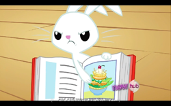 Size: 768x480 | Tagged: safe, screencap, angel bunny, putting your hoof down, hub logo, youtube caption