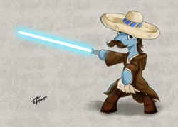 Size: 1200x860 | Tagged: safe, artist:lunarapologist, pony, bipedal, jedi, lightsaber, mexican, moustache, sombrero, star wars