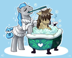 Size: 766x617 | Tagged: safe, artist:emlan, derpibooru import, earth pony, pony, bath, bathtub, blue background, brush, bubble bath, claw foot bathtub, duo, male, pigpen, simple background, squeaky clean, stallion, suds, the perfect stallion, washing, wavy mouth, yellow background