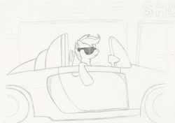 Size: 569x400 | Tagged: safe, artist:adcoon, scootaloo, car, sketch, sunglasses