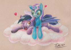 Size: 2999x2112 | Tagged: safe, artist:tsitra360, oc, oc only, oc:gyro tech, oc:inky, bat pony, pony, unicorn, cloud, colored pencil drawing, cute, ear bite, fangs, female, gynky, heart, male, mare, nom, on top, open mouth, prone, shipping, smiling, stallion, straight, traditional art, wink