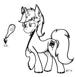 Size: 2015x2064 | Tagged: safe, artist:wirelesspony, oc, oc only, oc:gyro tech, pony, unicorn, magic, male, monochrome, solo, stallion, telekinesis, traditional art, wine