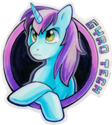 Size: 1216x1360 | Tagged: safe, artist:olivejuice, oc, oc only, oc:gyro tech, pony, unicorn, badge, bust, con badge, male, marker drawing, portrait, simple background, solo, stallion, traditional art, white background