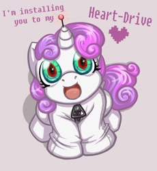 Size: 1008x1095 | Tagged: safe, artist:melle-d, derpibooru import, sweetie belle, sweetie bot, pony, robot, robot pony, unicorn, friendship is witchcraft, cute, diasweetes, female, filly, foal, hooves, horn, looking at you, open mouth, simple background, sitting, solo, text