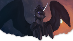 Size: 1024x579 | Tagged: safe, artist:elkaart, nightmare moon, alicorn, pony, black coat, female, horn, mare, solo, wings