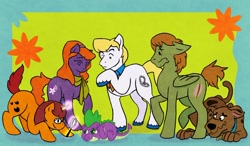 Size: 1200x699 | Tagged: safe, artist:justasuta, spike, dragon, earth pony, pegasus, pony, unicorn, crossover, daphne blake, female, fred jones, magnifying glass, male, mare, ponified, raised hoof, scooby doo, shaggy rogers, stallion, velma dinkley