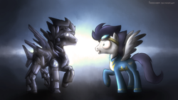 Size: 1366x768 | Tagged: safe, artist:fongsaunder, soarin', pegasus, pony, robot, goggles, gradient background, male, raised hoof, raised leg, spread wings, stallion, team fortress 2, wings, wonderbolts uniform