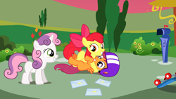 Size: 1280x720 | Tagged: safe, derpibooru import, apple bloom, scootaloo, sweetie belle, ask the crusaders, cutie mark crusaders, mail, mailbox, scooter