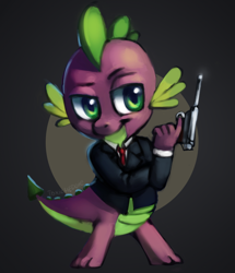 Size: 906x1054 | Tagged: safe, artist:blu-red, derpibooru import, spike, dragon, gun, james bond, weapon