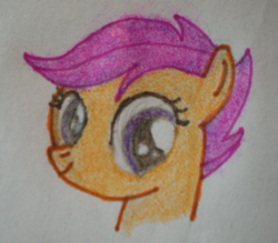 Size: 398x349 | Tagged: safe, derpibooru import, scootaloo, pegasus, pony, female, filly, smiling, solo, traditional art