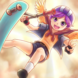 Size: 1000x1000 | Tagged: safe, artist:ninjaham, scootaloo, human, awesome, cape, clothes, cmc cape, helmet, humanized, peace sign, scooter, shorts, solo, winged humanization