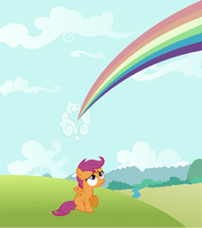 Size: 1920x2160 | Tagged: safe, artist:adcoon, derpibooru import, scootaloo, rainbow, sad, scootalone