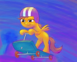 Size: 1500x1212 | Tagged: safe, artist:hoppip, scootaloo, pegasus, female, filly, orange coat, purple mane, scooter, solo