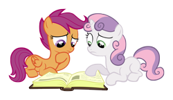 Size: 5000x2879 | Tagged: safe, artist:delectablecoffee, derpibooru import, scootaloo, sweetie belle, pegasus, pony, unicorn, book, duo, duo female, female, reading, simple background, transparent background, vector