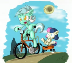 Size: 1000x876 | Tagged: dead source, safe, artist:zilof, bon bon, lyra heartstrings, sweetie drops, pony, bicycle, duo, female, hat, wagon