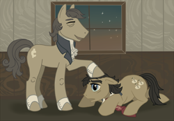 Size: 1500x1051 | Tagged: safe, artist:wolf gibbson, filthy rich, earth pony, pony, clothes, duo, hoof on head, male, prone, smiling, stallion, stinkin' rich