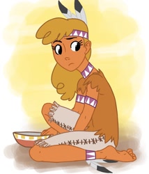 Size: 1200x1400 | Tagged: safe, artist:thelivingmachine02, derpibooru import, little strongheart, human, anklet, barefoot, bowl, clothes, cute, feather, feet, female, headband, humanized, solo