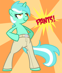 Size: 1014x1187 | Tagged: safe, artist:egophiliac, derpibooru import, lyra heartstrings, pony, semi-anthro, unicorn, artifact, bipedal, brony history, clothes, colored pupils, derp, exclamation point, female, glare, hand on hip, lidded eyes, lyra doing lyra things, mare, pants, partial nudity, secondary 6, smiling, smirk, smug, solo, sunburst background, text, topless, wat