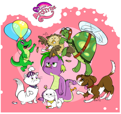 Size: 1541x1446 | Tagged: safe, artist:pupperson9, angel bunny, gummy, opalescence, owlowiscious, spike, tank, winona, butterfly, dragon, balloon, carrot, feather, hilarious in hindsight, pet, scroll