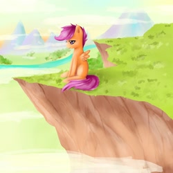 Size: 1500x1500 | Tagged: safe, artist:edahi, derpibooru import, scootaloo, pegasus, female, filly, orange coat, purple mane, solo