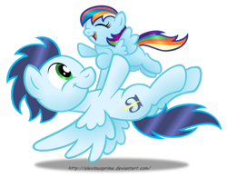 Size: 1024x804 | Tagged: safe, artist:aleximusprime, soarin', oc, oc:violet, backwards cutie mark, cute, father and child, father and daughter, filly, male, offspring, parent and child, parent:rainbow dash, parent:soarin', parents:soarindash, simple background, transparent background