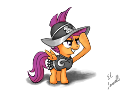 Size: 1024x768 | Tagged: safe, artist:myminiatureequine, scootaloo, 16th century, armor, armor skirt, clothes, conquistador, helmet, skirt, skirtaloo, solo