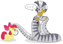 Size: 2260x1600 | Tagged: safe, artist:elsdrake, derpibooru import, apple bloom, zecora, earth pony, lamia, original species, pony, zebra, ..., adorabloom, cute, duo, female, filly, simple background, transparent background, vector