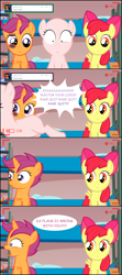 Size: 1290x2905 | Tagged: safe, apple bloom, scootaloo, ask, ask the crusaders, black eye, comic, earth pony sweetie belle, pegasus apple bloom, sweetie bald, unicorn scootaloo