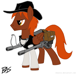 Size: 1486x1462 | Tagged: safe, artist:sheason, oc, oc only, oc:calamity, pegasus, pony, fallout equestria, battle saddle, fanfic, fanfic art, gun, hat, male, rifle, saddle bag, simple background, solo, stallion, transparent background, weapon, wings