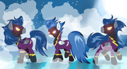 Size: 5208x2827 | Tagged: safe, artist:joemasterpencil, descent, nightshade, pegasus, pony, clone, clothes, costume, female, fog, glowing eyes, goggles, male, mare, shadow surprise, shadowbolts, shadowbolts (nightmare moon's minions), shadowbolts uniform, stallion