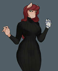 Size: 1894x2344 | Tagged: safe, artist:ilassal, oc, oc only, oc:lanternlight, anthro, earth pony, amputee, big breasts, breasts, female, mare, prosthetic limb, prosthetics, solo, sweater dress