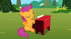 Size: 1271x707 | Tagged: safe, derpibooru import, screencap, scootaloo, the show stoppers, piano, scrunchy face, solo