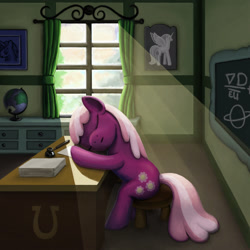 Size: 1600x1600 | Tagged: safe, artist:dahtamnay, cheerilee, classroom, crepuscular rays, desk, sleeping, solo, table, window