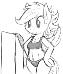 Size: 428x502 | Tagged: safe, artist:tg-0, scootaloo, anthro, bra, bra on pony, button, cleavage, clothes, female, monochrome, panties, solo, sports bra, underwear